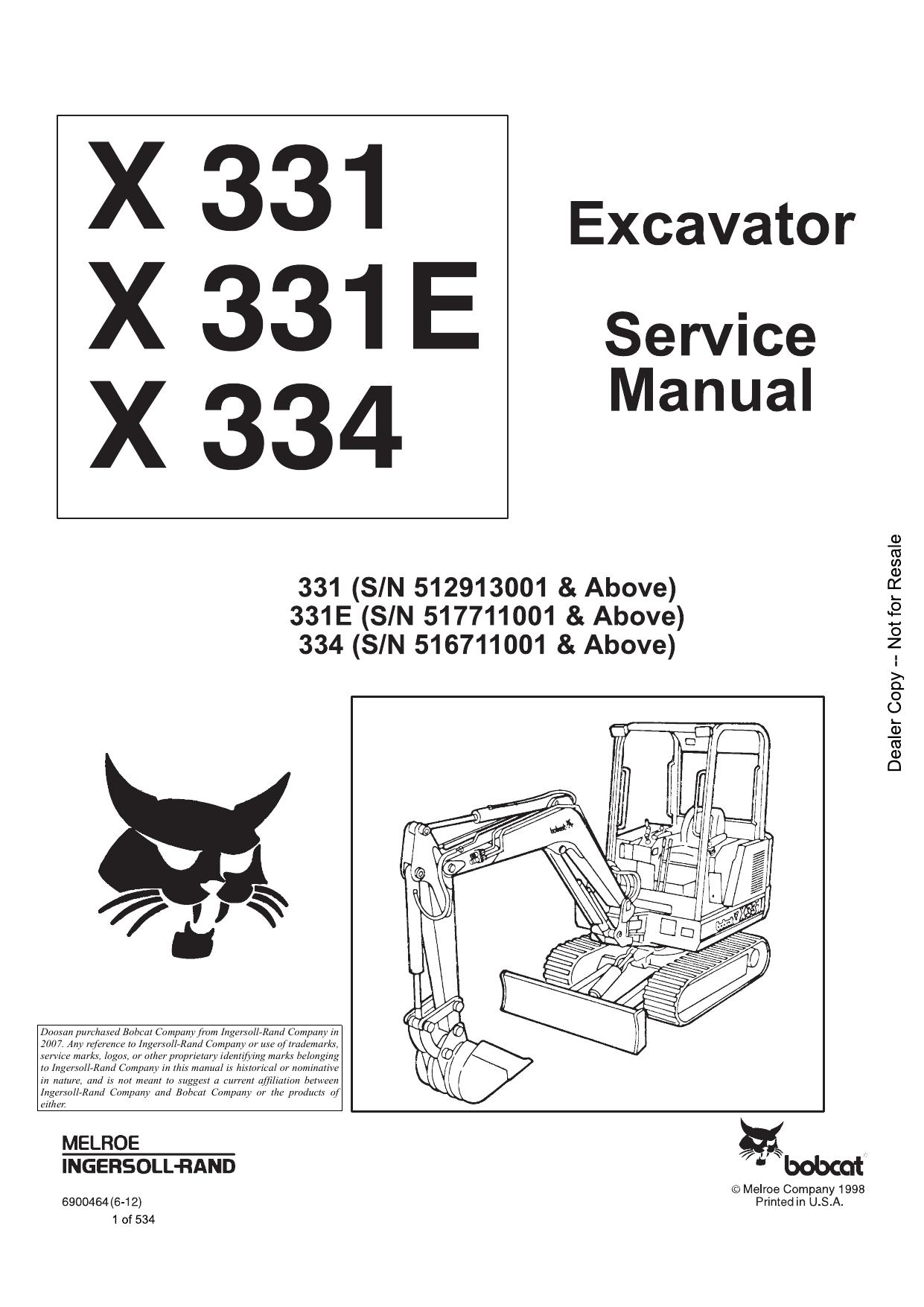 X331 X331E X334 Excavator Service Manual Bobcat